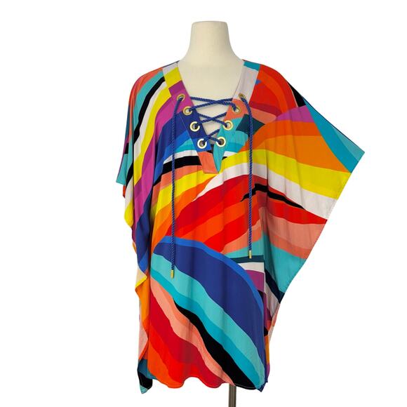 La Blanca Sunscape Lace-Up Sleeveless Tunic Cover-Up Dress Multicolor L - Picture 1 of 13